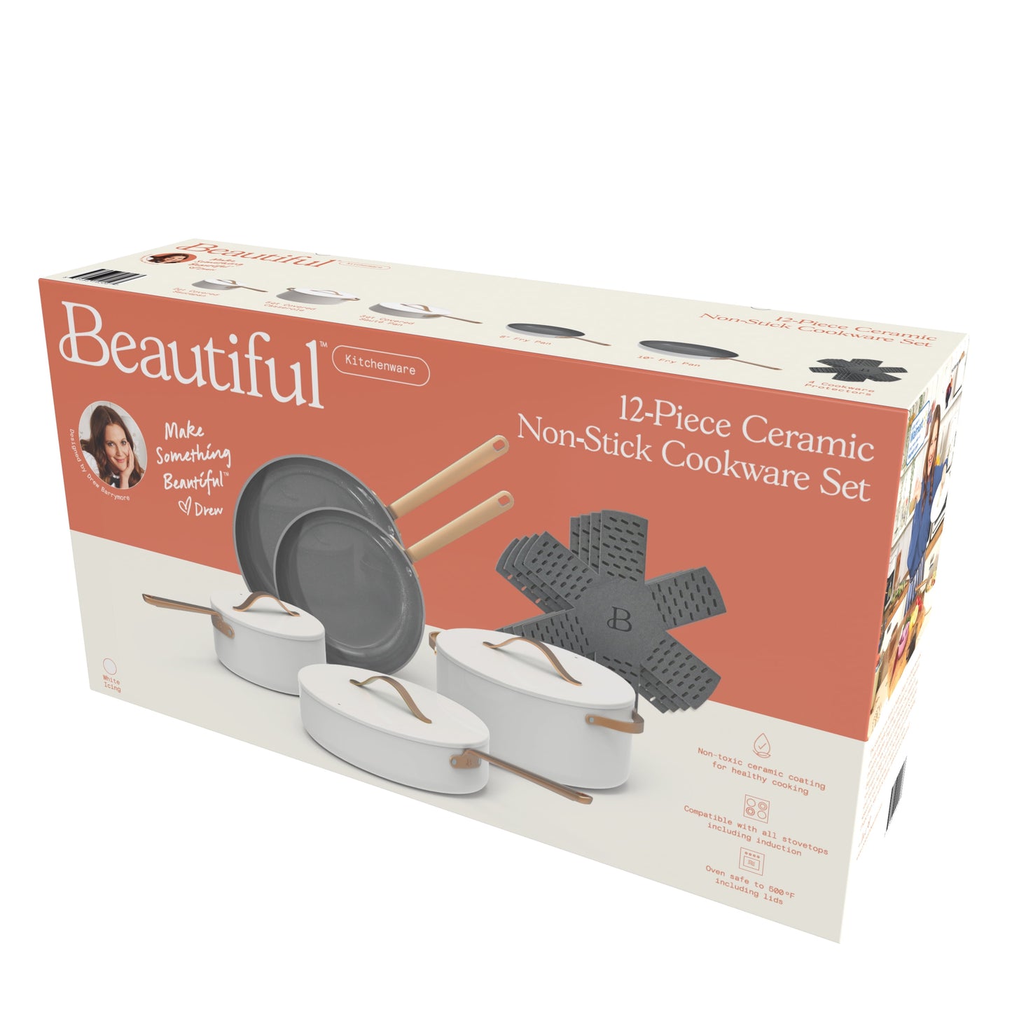 Beautiful 12pc Ceramic Non-Stick Cookware Set, White Icing by Drew Barrymore