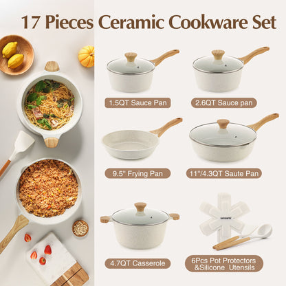 Sensarte Ceramic Nonstick Pots and Pans Set, 17 Pieces Healthy Non Stick Cookware Set with Pots Protectors, Induction Kitchen Cookware Sets White, PFAS and PFOA Free