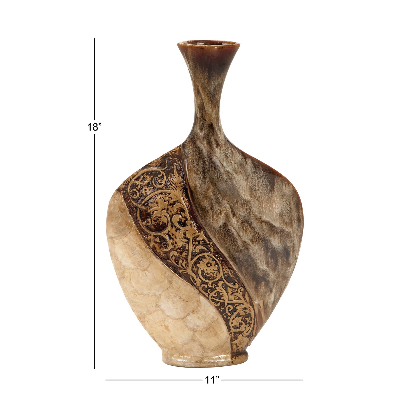 DecMode Brown Traditional Ceramic Decorative Vase with Vine Detailed Engravings and Oval Shaped Flask Design, 11"W x 18"H