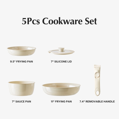 Ceramic Pots and Pans Set Non Stick, Nonstick Kitchen Cookware Sets, Non Toxic Pots and Pans Set Non Stick, PFAS PFOA & PTFE Free, Detachable Handle Pots and Pans 5 Piece, RV Cookware (Cream)