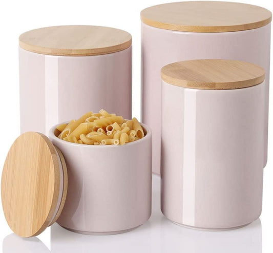 SWEEJAR Kitchen Canisters Ceramic Food Storage Jar Set, Stackable Containers with Airtight Seal Bamboo Lid - Pack of 4,Pink