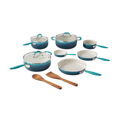 The Pioneer Woman 12-Pieces Porcelain Enamel Classic Ceramic Cookware Set, Ombre Teal