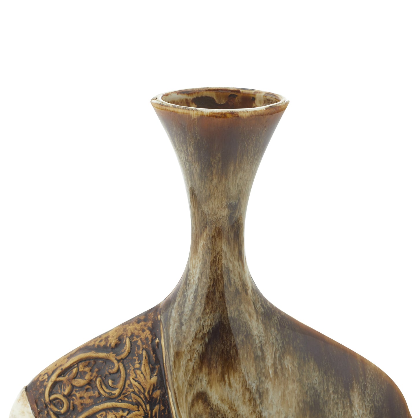 DecMode Brown Traditional Ceramic Decorative Vase with Vine Detailed Engravings and Oval Shaped Flask Design, 11"W x 18"H