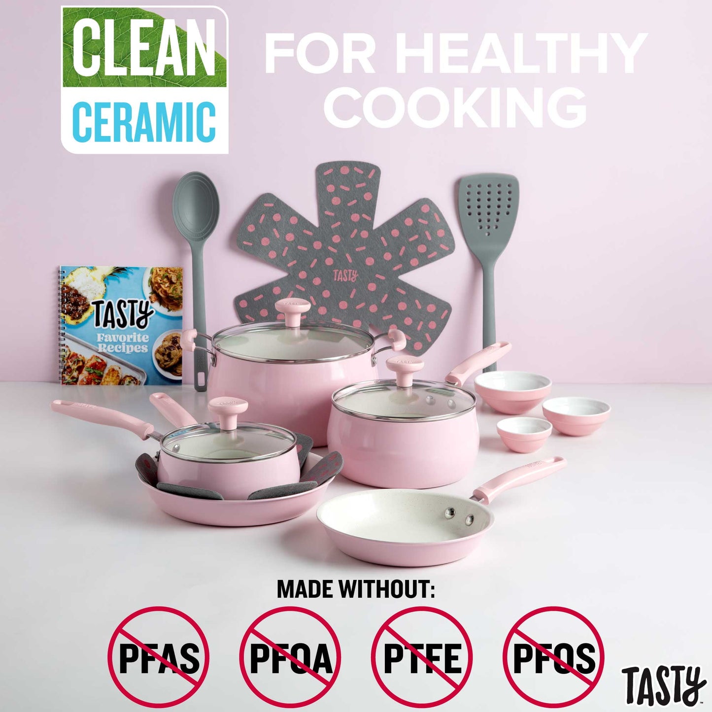 Tasty Clean Ceramic 16 Piece Non-Stick Aluminum Cookware Set, Pink