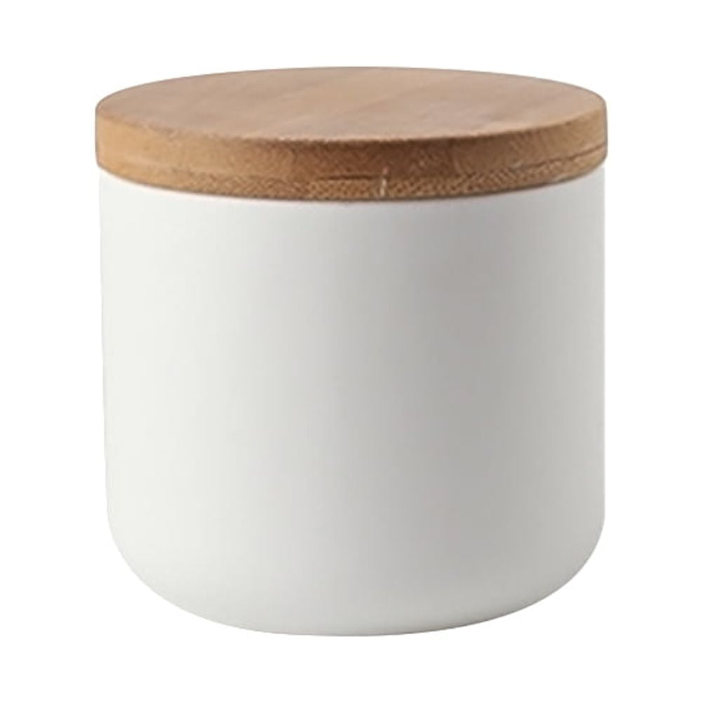 Ceramic Jar Sealed Canister Food Storage Container with Wooden Lid for Loose Tea Coffee Bean Sugar Spice (Small Size, White)