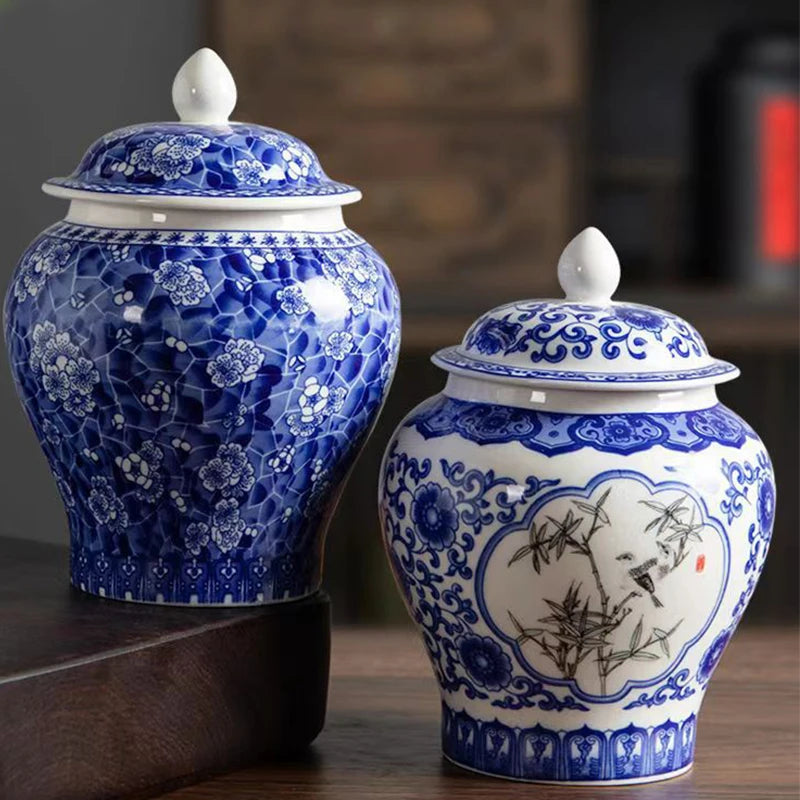 China Style Ceramic Storage Tank Ornament Blue And White Porcelain Tea Pot Kitchen Garlic Ginger Jar Container Restaurant Decor