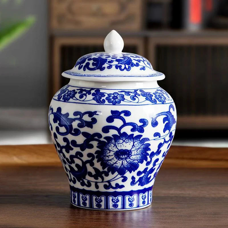 China Style Ceramic Storage Tank Ornament Blue And White Porcelain Tea Pot Kitchen Garlic Ginger Jar Container Restaurant Decor