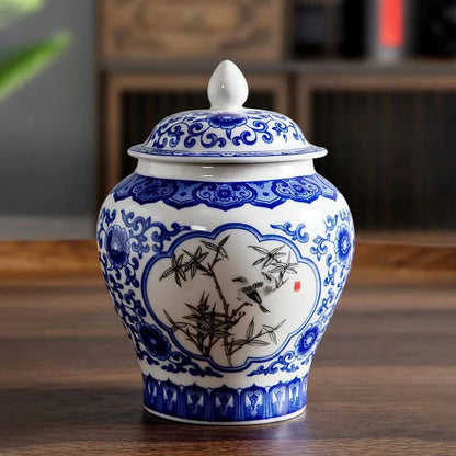 China Style Ceramic Storage Tank Ornament Blue And White Porcelain Tea Pot Kitchen Garlic Ginger Jar Container Restaurant Decor