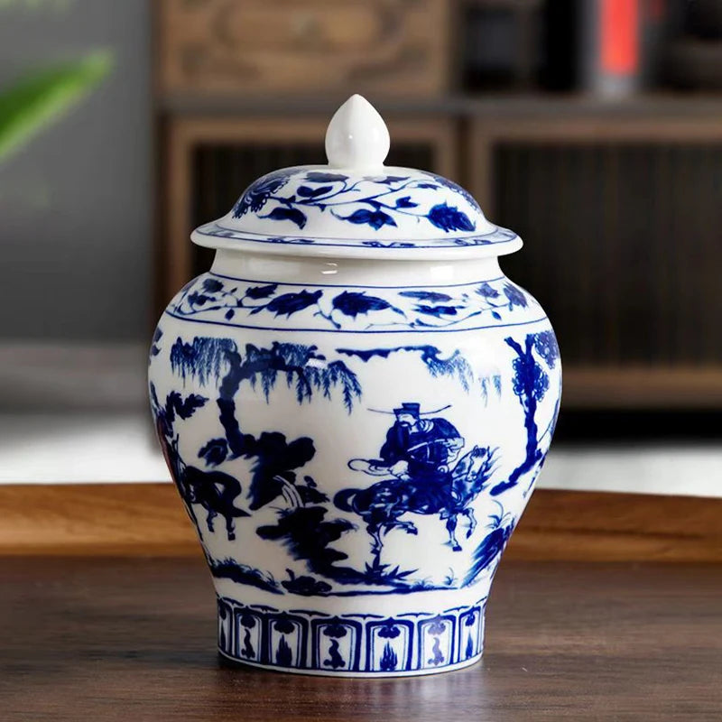 China Style Ceramic Storage Tank Ornament Blue And White Porcelain Tea Pot Kitchen Garlic Ginger Jar Container Restaurant Decor