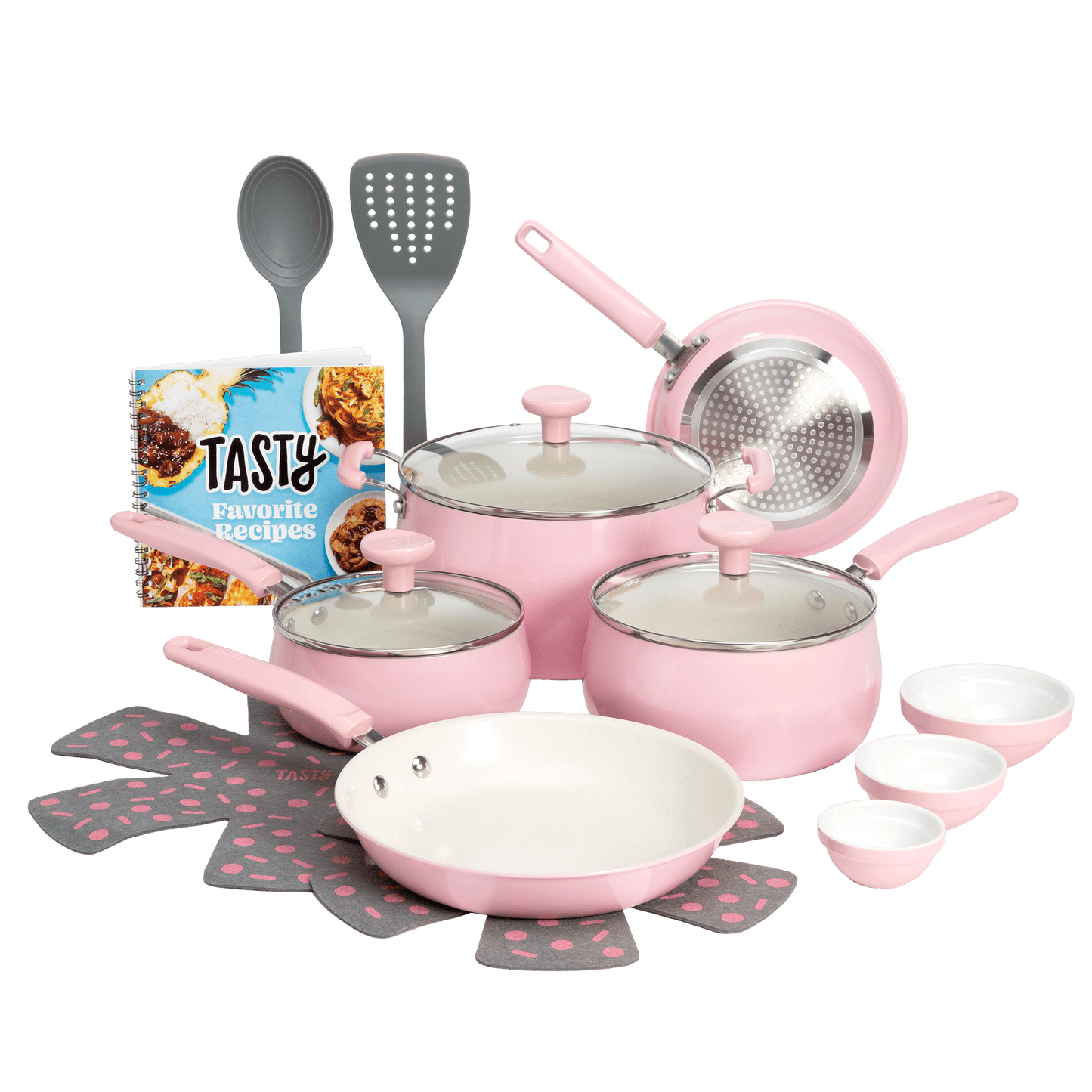 Tasty Clean Ceramic 16 Piece Non-Stick Aluminum Cookware Set, Pink