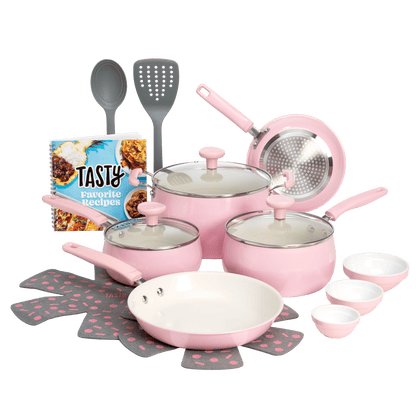 Tasty Clean Ceramic 16 Piece Non-Stick Aluminum Cookware Set, Pink