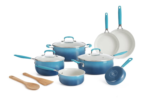 The Pioneer Woman 12-Pieces Porcelain Enamel Classic Ceramic Cookware Set, Ombre Teal