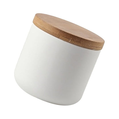 Ceramic Jar Sealed Canister Food Storage Container with Wooden Lid for Loose Tea Coffee Bean Sugar Spice (Small Size, White)