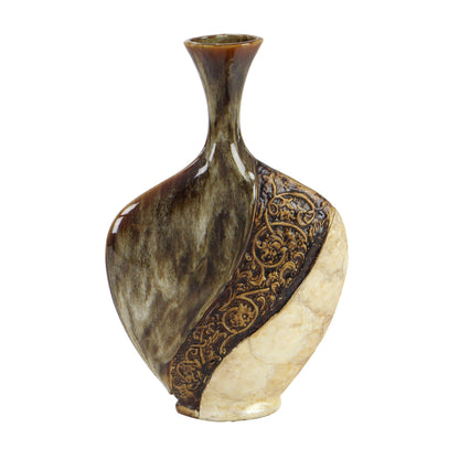 DecMode Brown Traditional Ceramic Decorative Vase with Vine Detailed Engravings and Oval Shaped Flask Design, 11"W x 18"H